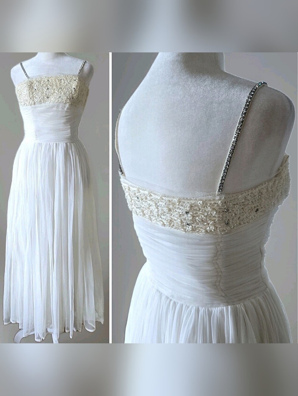 Vtg 50s 60s Rhinestone Studded Party Dress, Bridal, Wedding, Flowy, 2/4